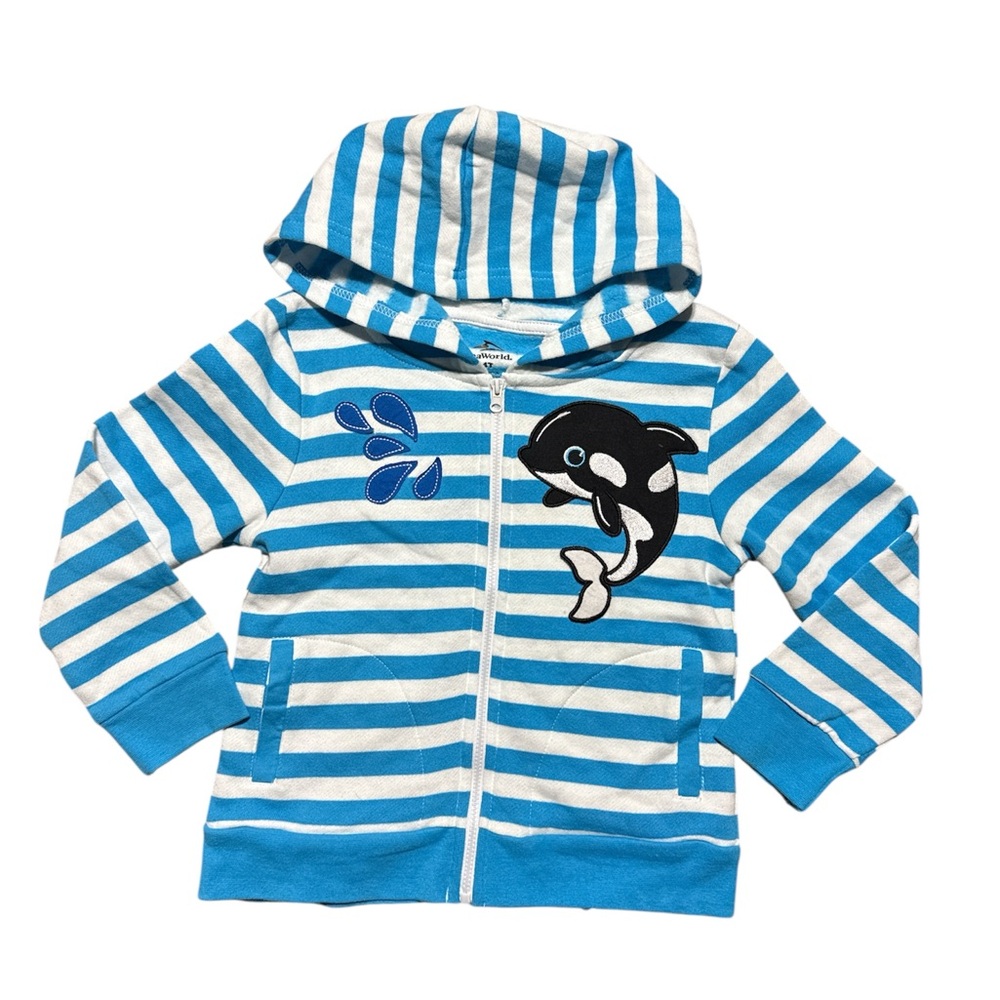 SeaWorld Kids Orca Shamu Blue White Striped Zip Up Hoodie Sweatshirt‎ 4T
